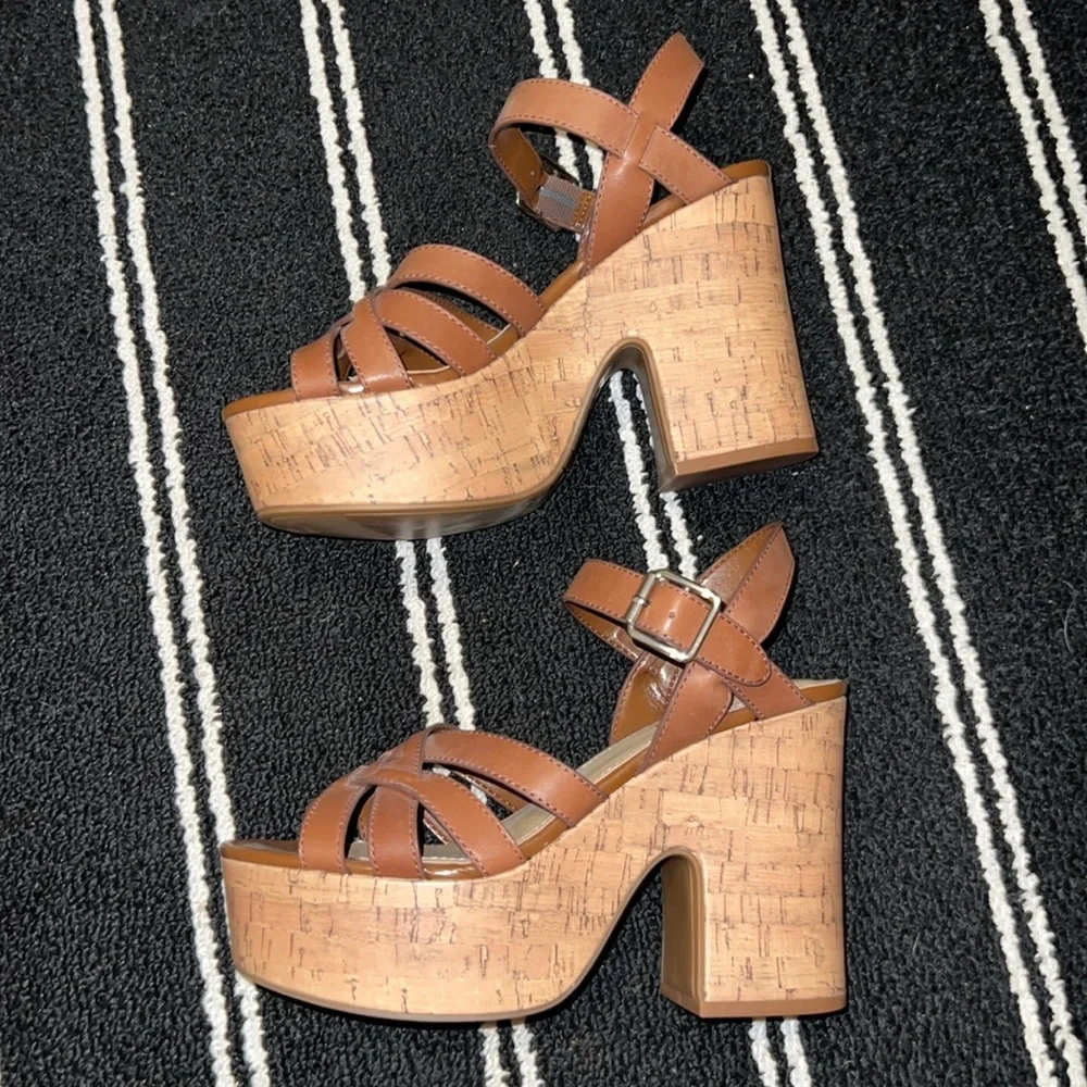 NINE WEST CHEERS Brown Leather Cork Platform Sandals